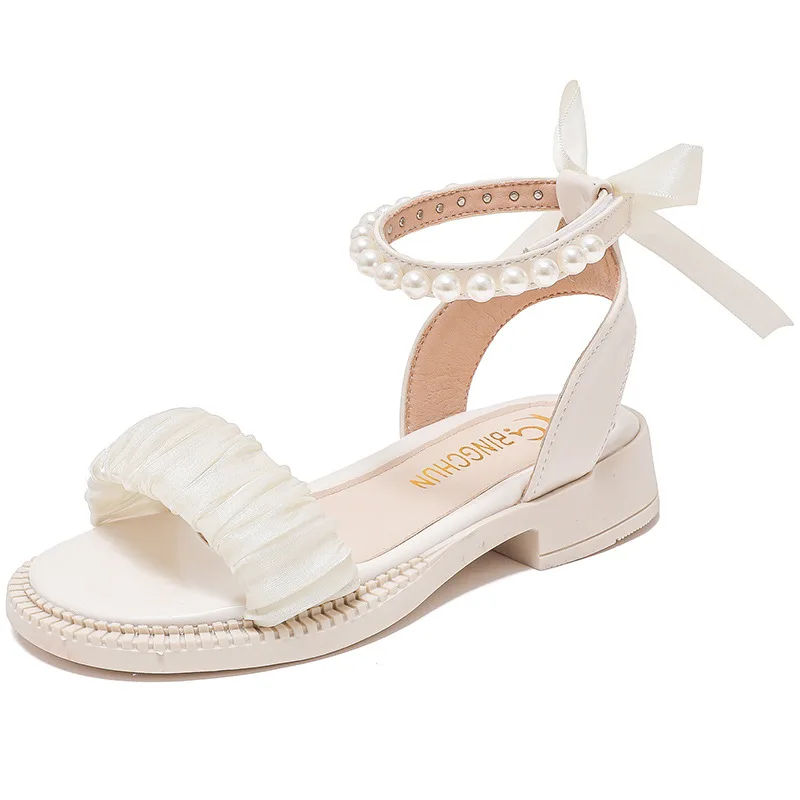 Kinder sandalen Sommer elegante Mädchen Prinzessin Kleid Fliege Sandalen Mode Perlen Knöchel riemen Kinder kausale süße römische Sandalen