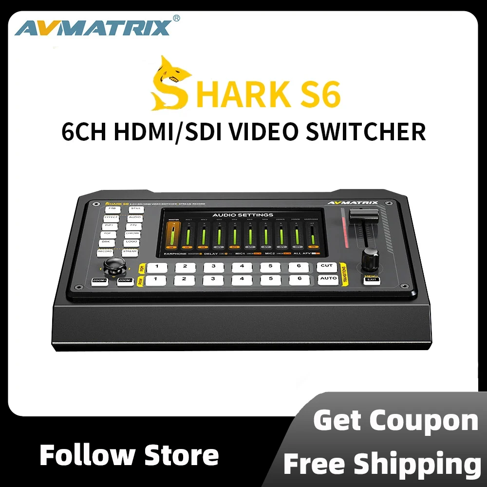 

Avmatrix SHARK S6 6CH HDMI/SDI Video Switcher with 5-inch High-definition Display Screen ,USK & DSK,Audio Mixer