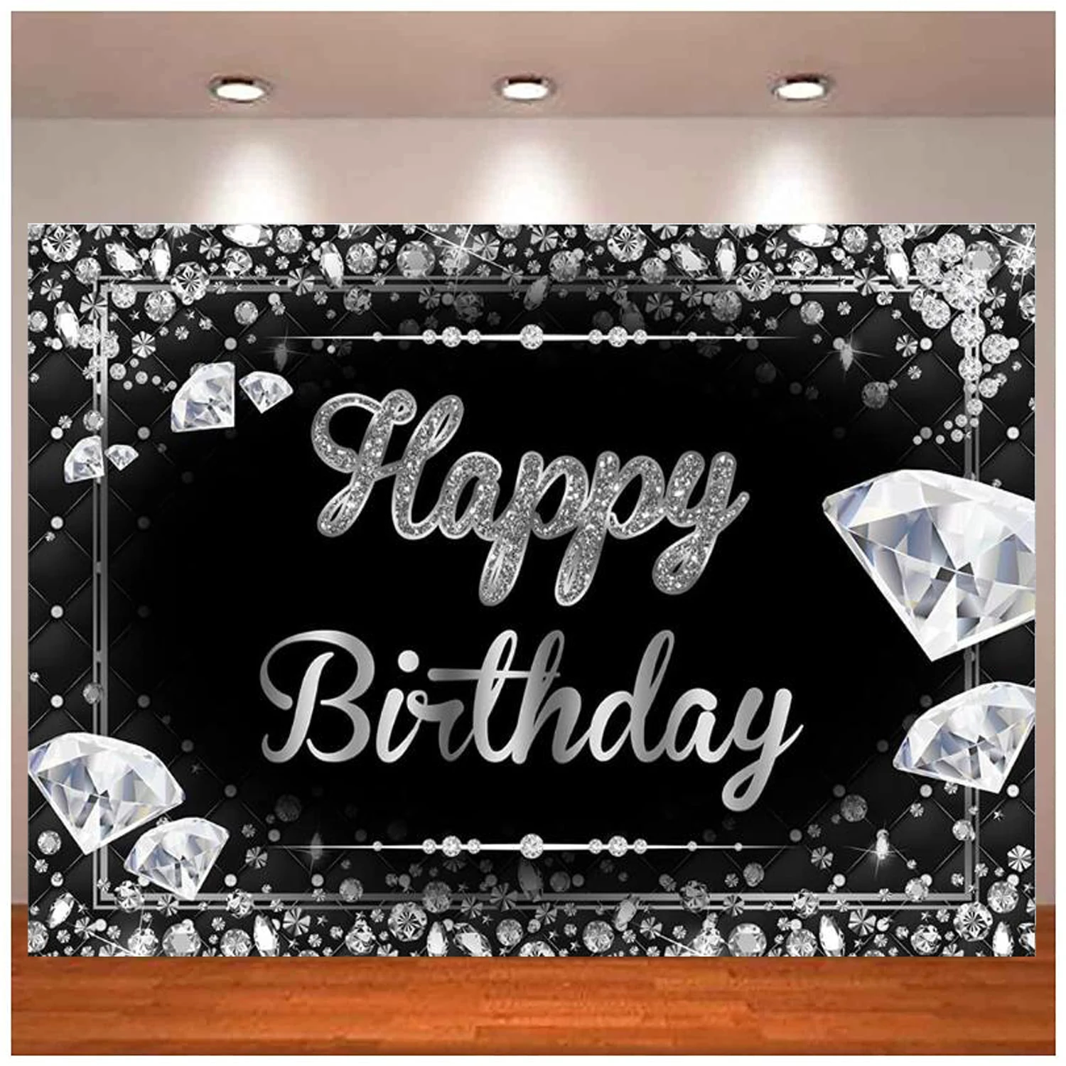 Black And Silver Happy Birthday Photography Backdrop Glitter Diamonds Women Girls Sweet 16th 18th 21st Background Party Decor