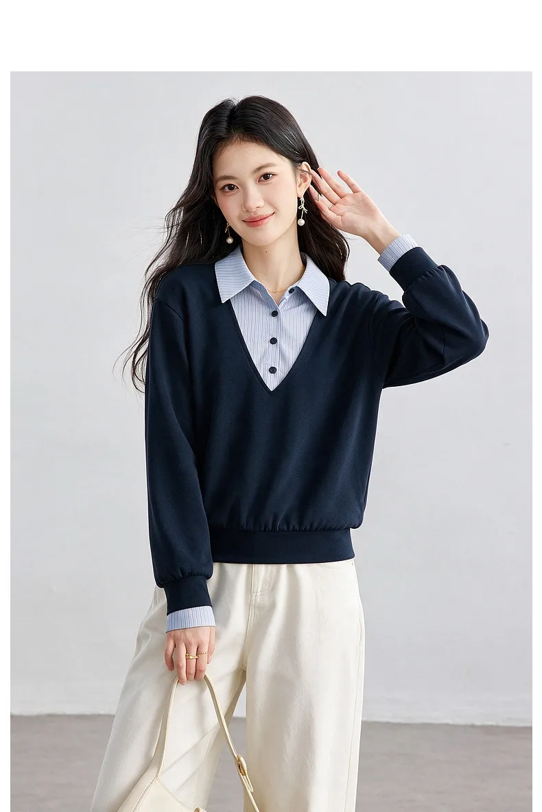 VIMLY Fake Two-piece Striped Collar Sweatshirt for Women 2026 Autumn Coffee Color Commute Casual Loose-fit Female Pullover A7577