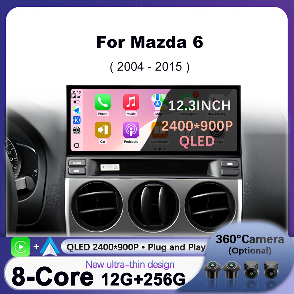 Android14 12.3 Inci untuk Mzada 6 2004-2015 CarPlay Nirkabel Tampilan Multimedia Layar Sentuh Android Navigasi Unit Kepala Otomatis GPS