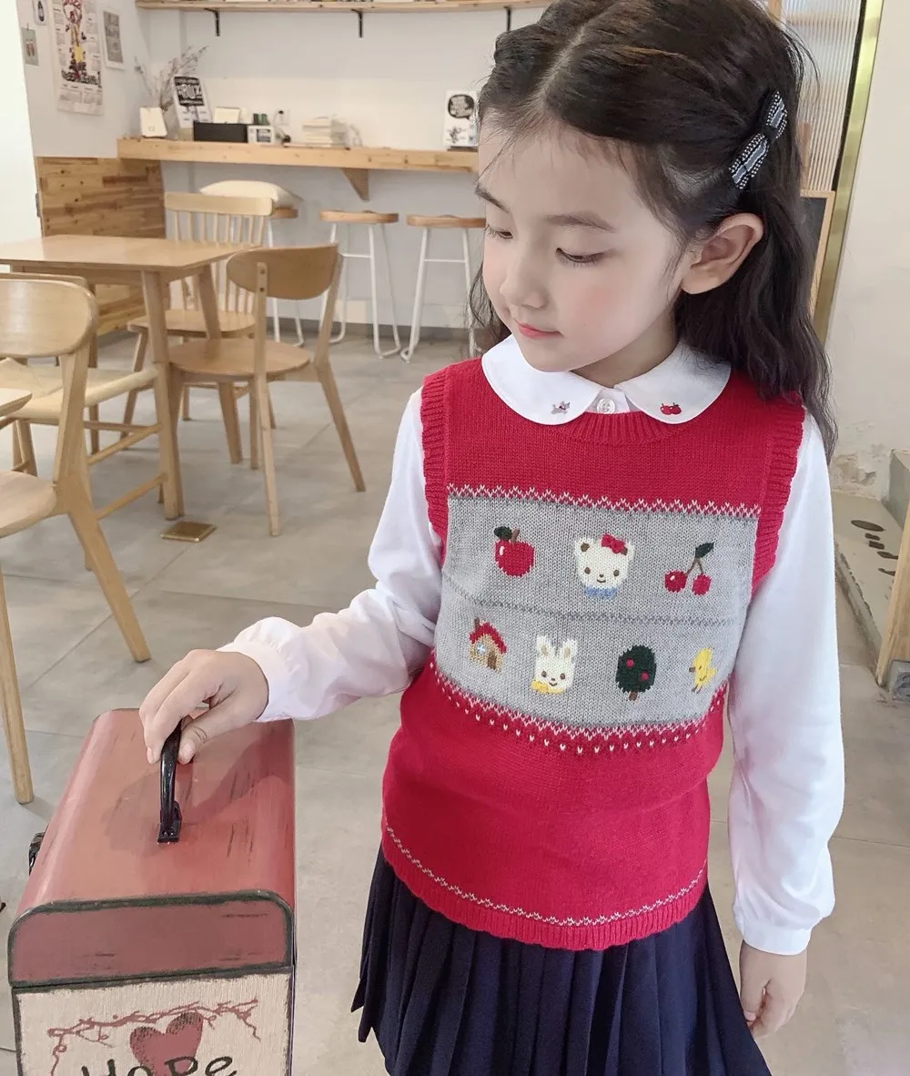 

Осенне-зимние топы, детская одежда, жилет без рукавов с мультяшным рисунком, вязаный свитер, красные вязаные свитера для девочек