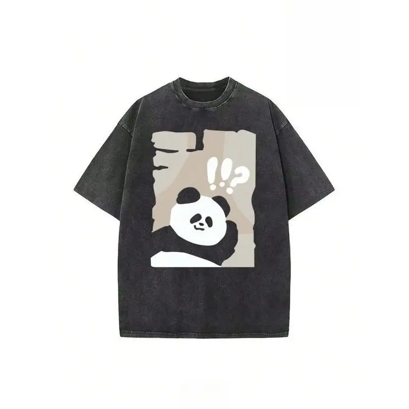 

Panda Graphic T-shirt, Women's Vintage Washed Oversized Tee, Cute Cartoon Animal Print Tops, Funny Korean Style Streetwear