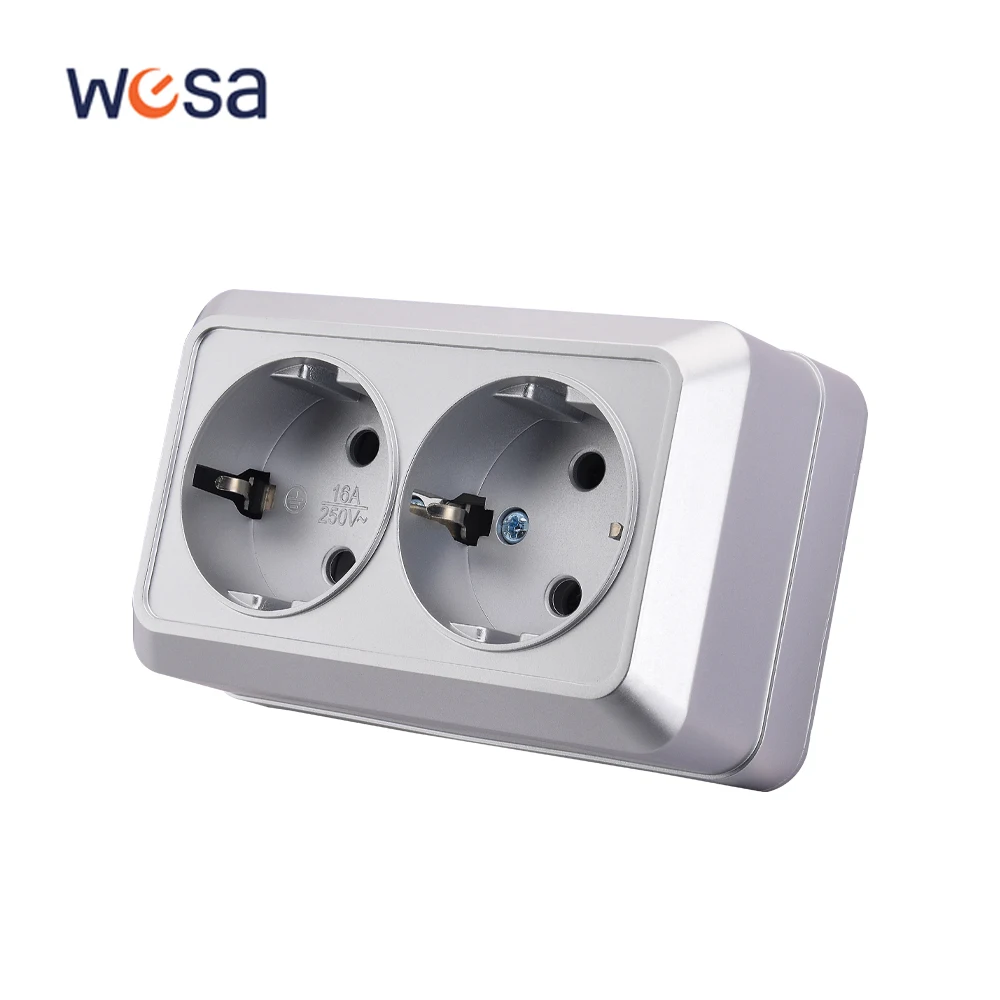 

WESA Silvery Wall Surface 2 Sockets Plugs EU Exterior Electrical Outlets With Ground Outdoor Power Socket Flame Retardant Paint