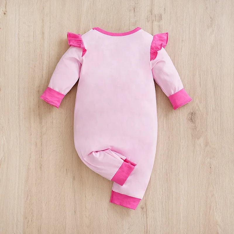 Wiosenne i jesienne ubrania długie rękawy i okrągły kołnierzyk latający rękaw nadruk z jednorożcem bawełniany Newborn girls Fashion romper