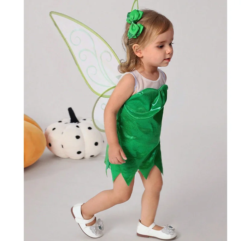 Green Tinkerbell Outfit With Wing For Toddler Baby Girl Fairy Dress Halloween Costume