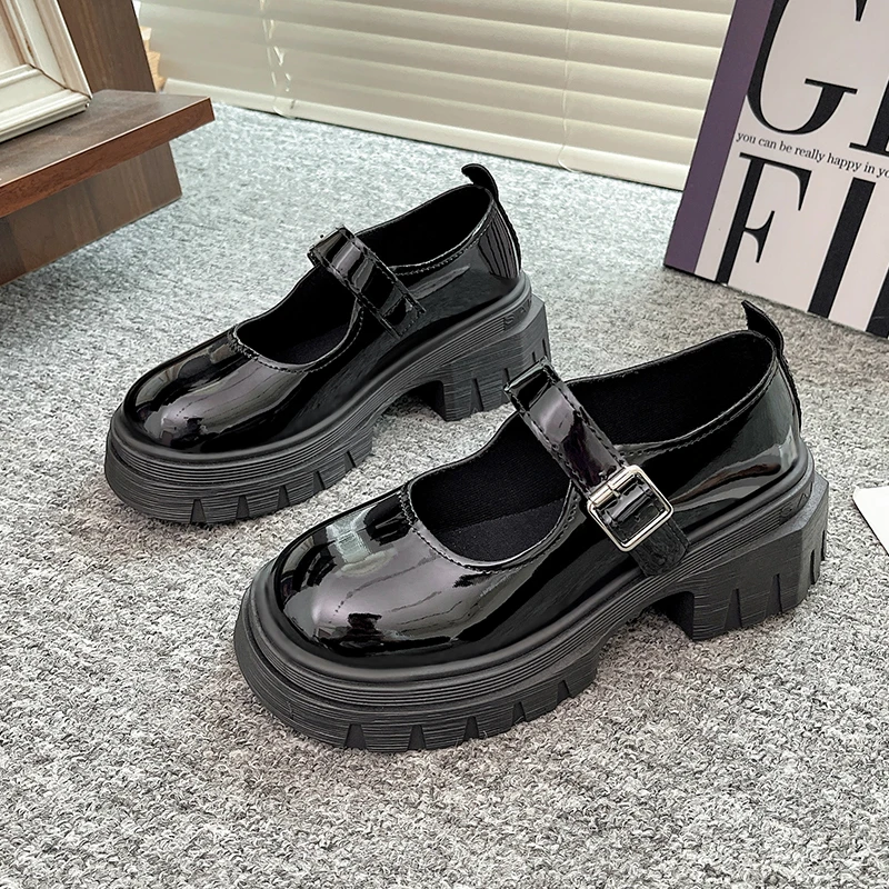 

Thick-soled Small Leather Shoes for Women's Spring 2025 New Retro Round Head One-word Buckle Single Shoes
