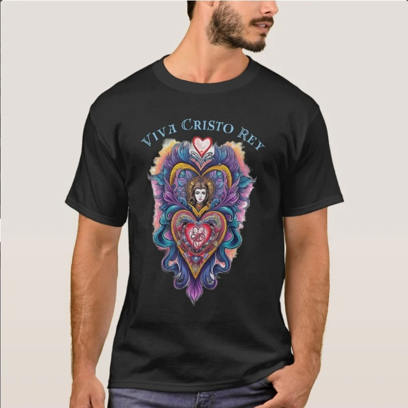 Viva Cristo Rey Sacred Heart Roman Catholic T-Shirt 100% Cotton O-Neck Summer Short Sleeve Casual Mens T-shirt Size S-3XL