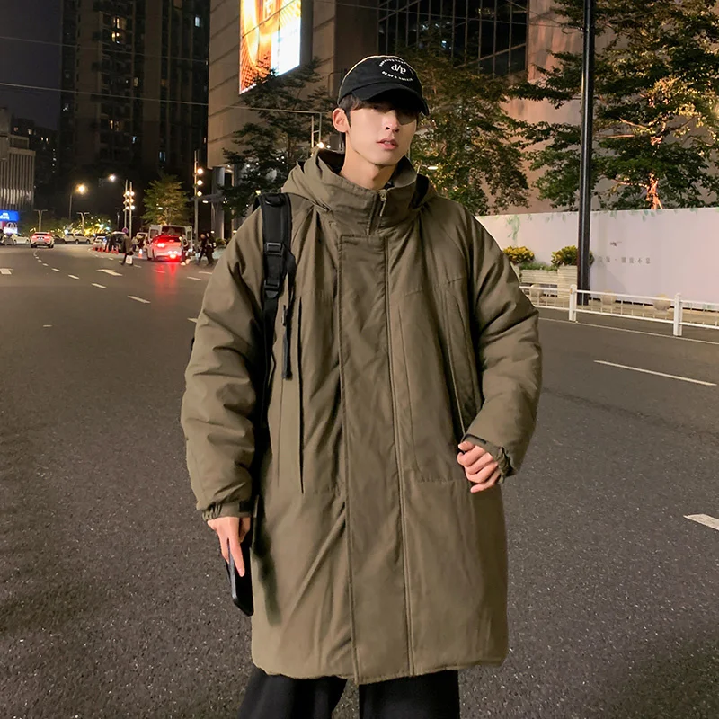 

Men 2024 Winter Fashion Long Solid Color Parka Coats Male Loose Cotton Padded Jackets Men's Thicken Warm Hooded Outerwear M105