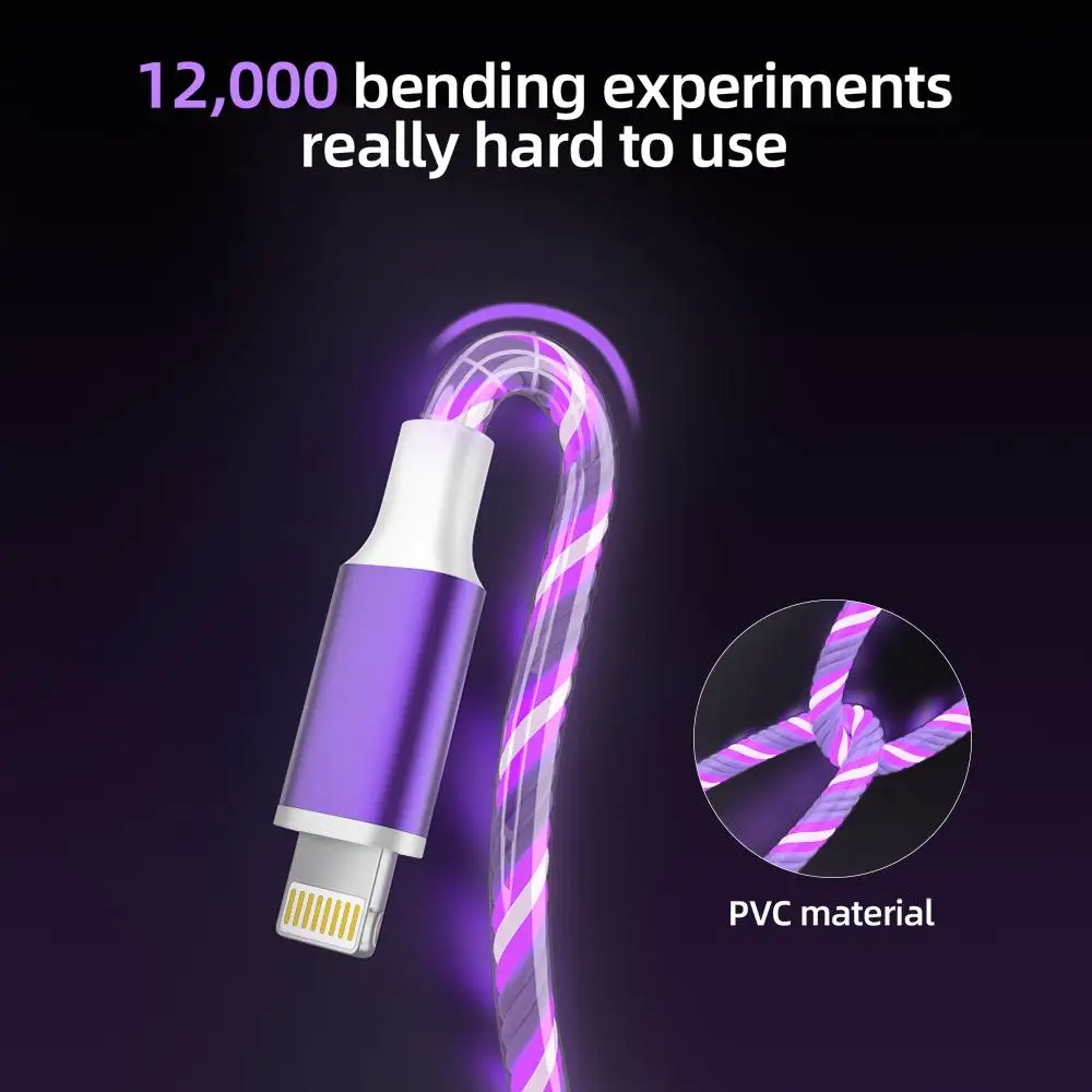 كابل شحن الهاتف 3 في 1 متعدد USB متدفق LED، مع واجهة لموصل شاحن USB Apple + Type C + Micro