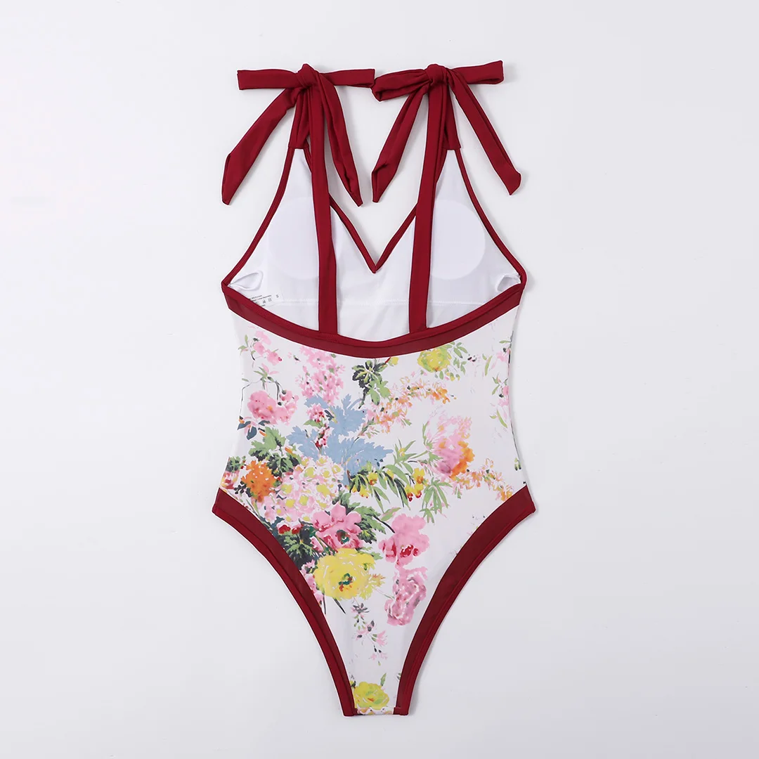 S - XL, einteiliger Badeanzug mit Blumenmuster und geknotetem Rock, Damen-Badebekleidung, Damen-Badeanzug mit Blumenmuster, V-Ausschnitt, Badeanzug, Modell V3965. – Detail 40
