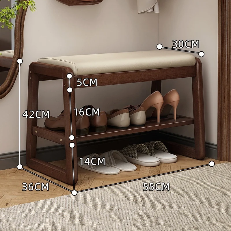 Age-Friendly Solid Wood Shoe-Changing Bench with Cushion and 2 Tier Storage Space for Entryway Hallway Living Room Senior Use