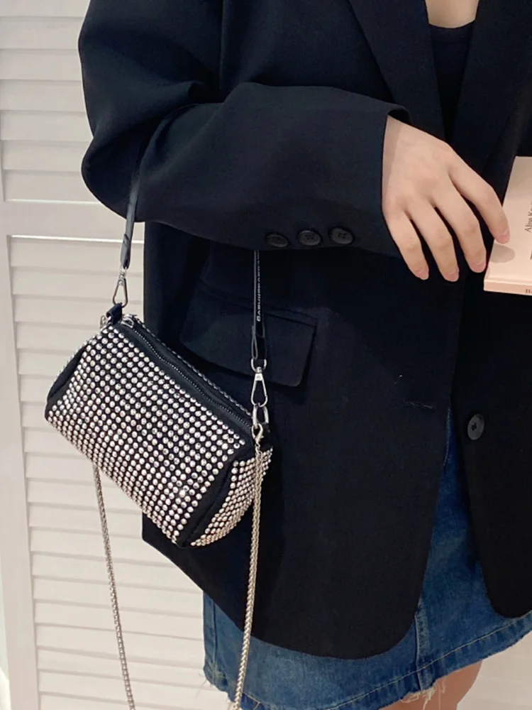 Retro Diamond Black Mini Square Bag For Women Summer Versatile Chain One Shoulder Crossbody Bags Ladies Trendy Shopping Wallet