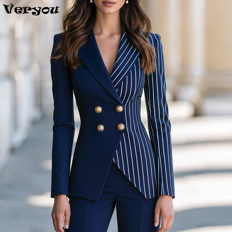 Fashion OL Office Lady Blazers Women Jackets Striped Printed Double Button Long Sleeve Jackets For Women Outerwear Lady Coats