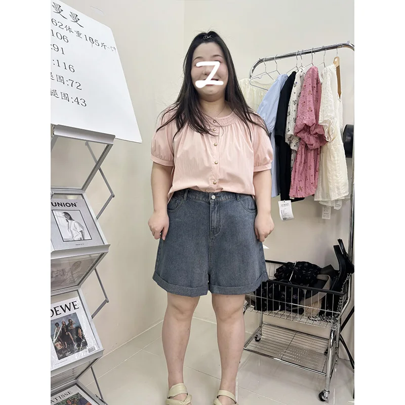 Plus size, high waist, summer wide leg design, jeans with a chubby mm loose fit, slimming effect, fashionable shorts 3403