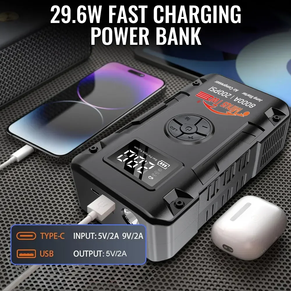 4-IN-1 Car Jump Starter with Air Compressor Peak 2000A Auto Battery Booster 150PSI Air Pump Portable Power Bank Tire Inflator - Image 6