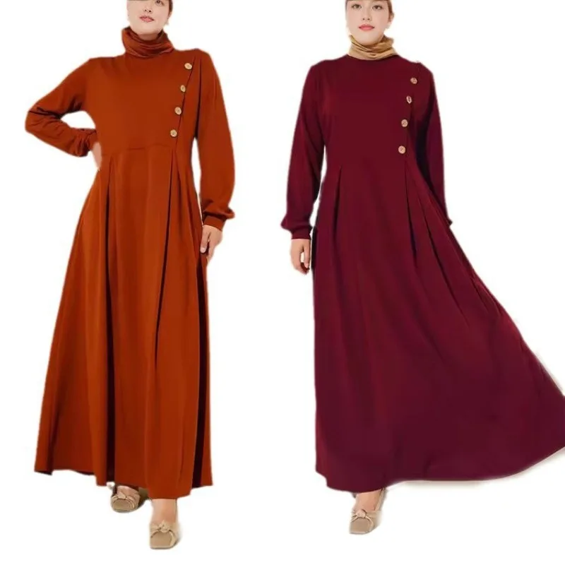 Middle East Muslim Women Long Sleeve Solid Color Dress Abaya Long Robe Elegant Islamic Fashion