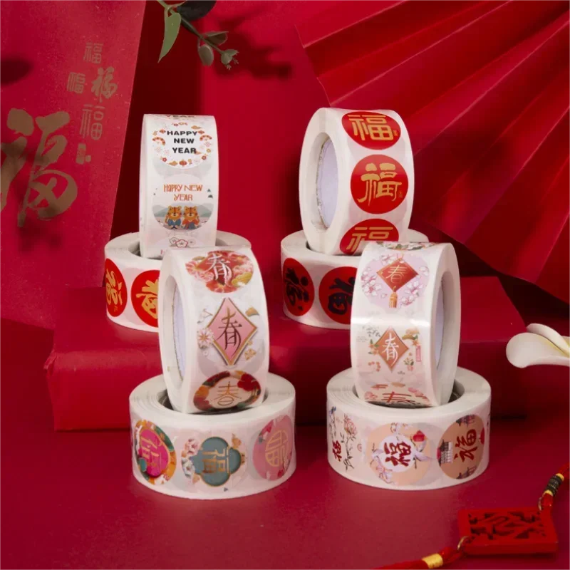 Chinese Happy New Year Stickers 500pcs 1inch  Spring Festival Decorative Sticker Candy Gift Boxes Envelopes Cards Seal Sticker