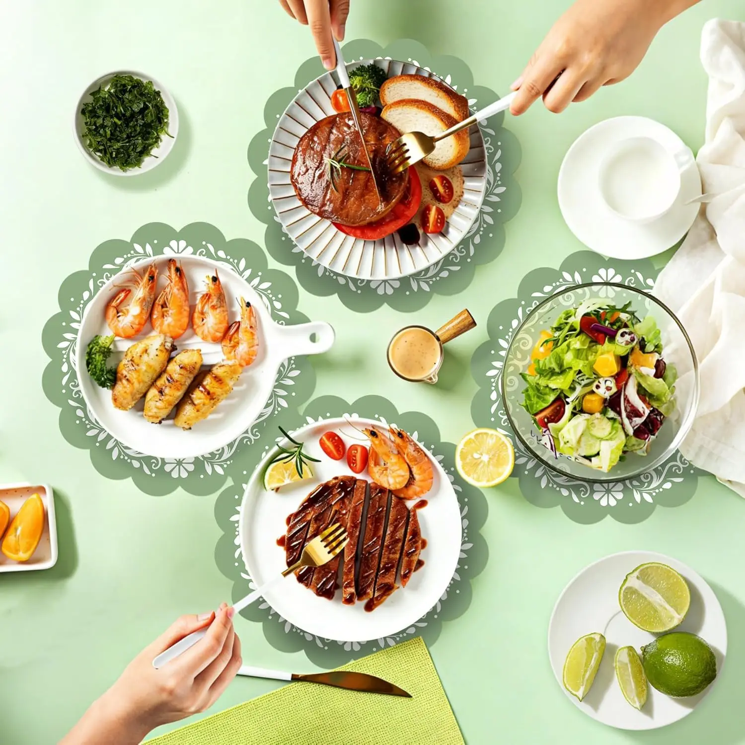 12/24/36pcs green lace paper disposable placemats 13.5 inch flower edge placemats are suitable for table layout.