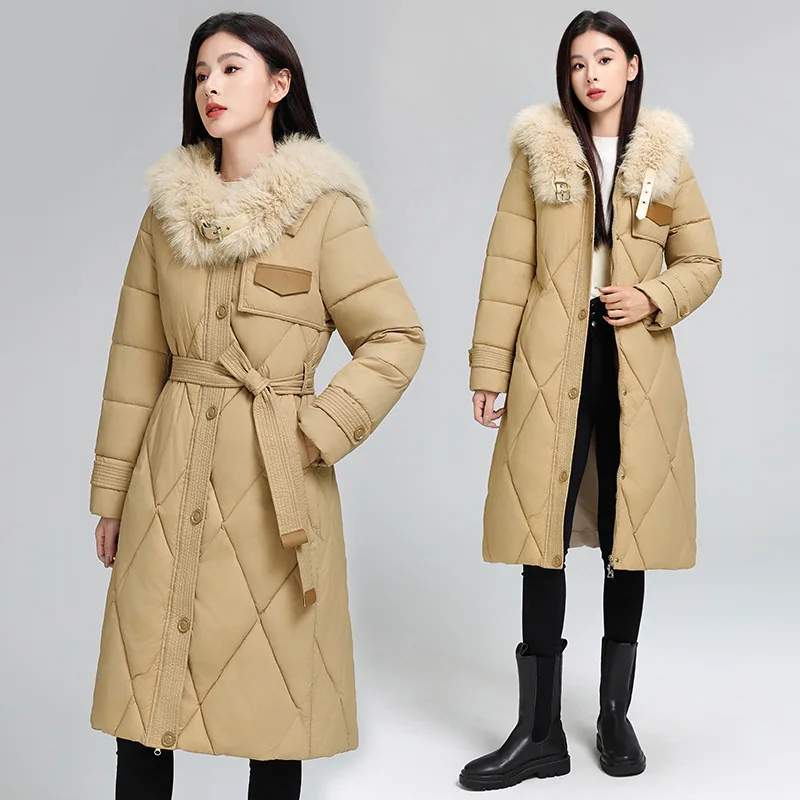 Oversize Women Parkas Coats Maxi Long Jacket Belted Solid Fur Collar Single Breasted Loose Office Lady Casual 2025 Autumn Winter