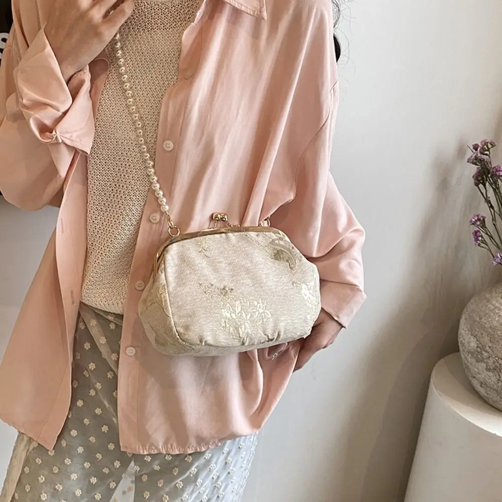 

Portable Embroidered Chinese Style Handbag Pearl Chain Purses Hanfu Embroidery Handbag Canvas Crossbody Bag Cheongsam Bag Party