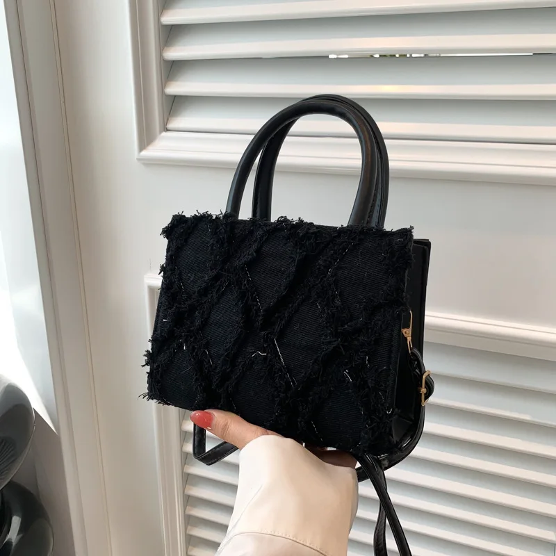 Tote Bag New Trendy Denim Tassel Women's Fashion Handheld Handbag Square Bag Shoulder Crossbody Bag Lady Purse Bag