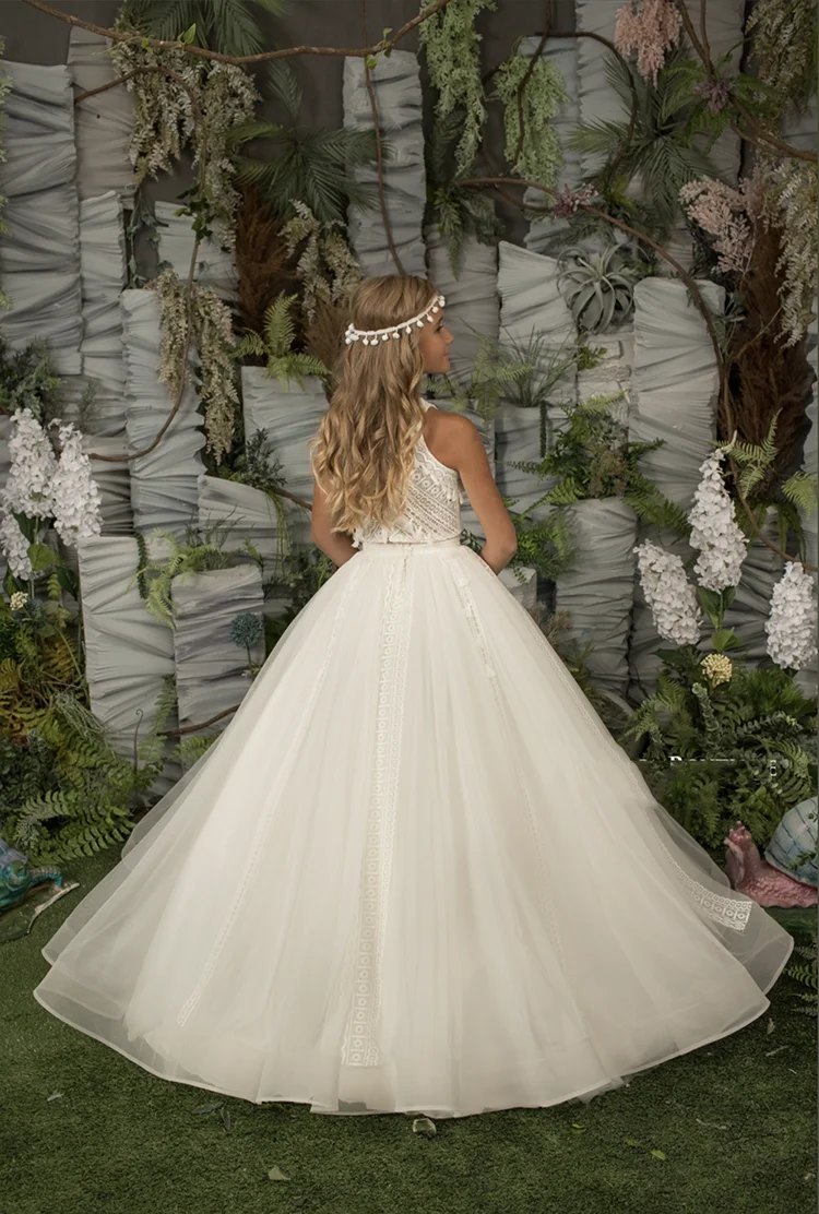 Elegante abito da ragazza di fiori per matrimonio Tulle senza maniche Appliquee pizzo 2 pezzi principessa bambino primo vestito da festa di compleanno eucaristico