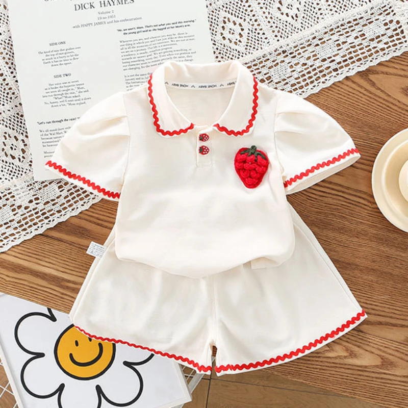 Baby Girl Clothes Summer Knitwear Polo Shirt & Shorts 2 Pieces Set 3D Strawberry Decoration Toddler Girls Cotton Tracksuit