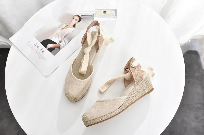 Comfort Shoes for Women Large Size Female Sandal Espadrilles Platform 2024 Summer Strappy Heels Cross Round Toe Spring Big Velve