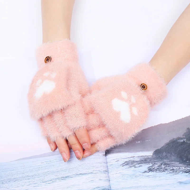 

Female Warm Knitted Half Finger Flip Gloves Women Cute Cat Paw Plush Gloves Fashion Knitted Woolen Autumn Winter Thick Gloves