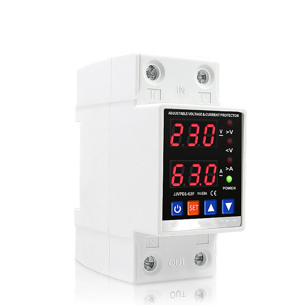 Dual Display 40A 63A 80A 230V Din Rail Adjustable Digital Over Under Voltage Relay Surge Protector Limit Over Current Protection