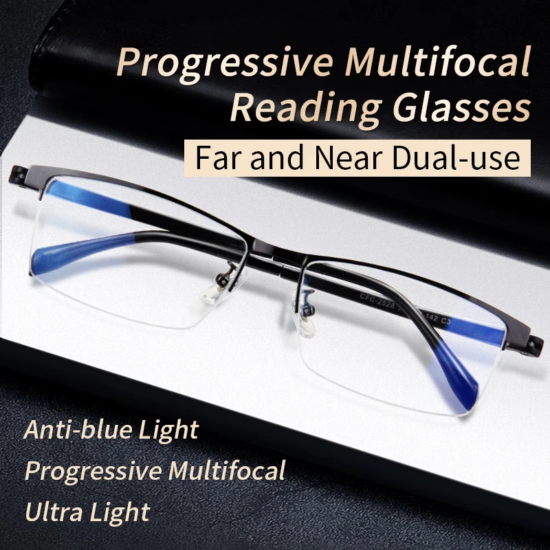 

Progressive Multifocus Reading Glasses Men, Blue Light Blocking Presbyopia Eyeglasses,Lightweight half Frame,Hard & Multi-coated