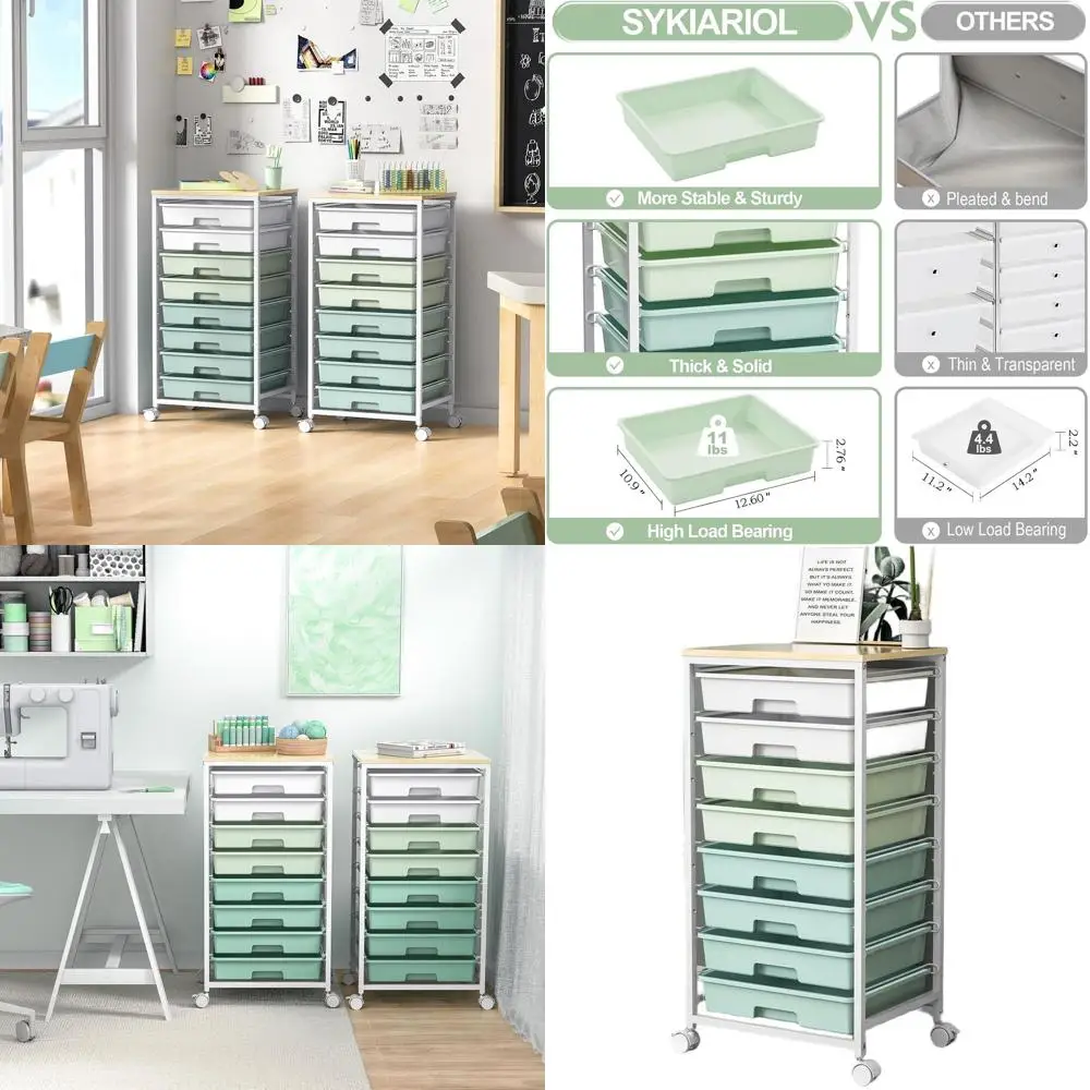 

8-Tier Storage Cart with Wooden Top for Living Room, Office, Classroom, Craft Room, Bedroom, Dorm - Green