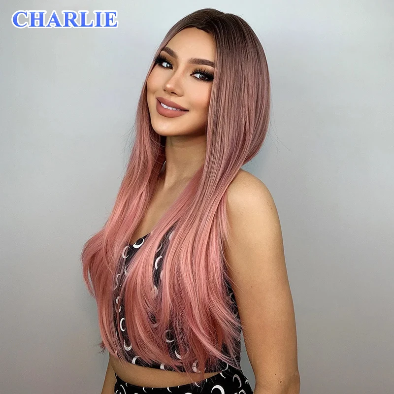 Ombre Brown to Pink Wig for Women Synthetic Natural Straight Long Wigs Heat Resistant Fiber Cosplay Party Fashion Hair Wig