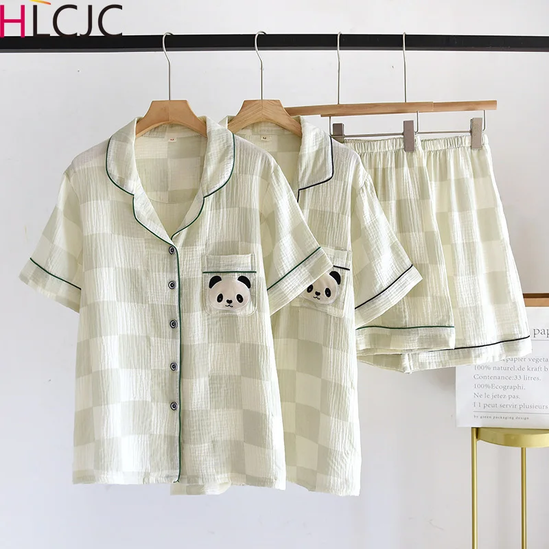 New Short Sleeve Sleepwear Couple Men and Women Matching Home Set Cotton Pajamas Cartoon Panda Nightwear Pajamas For Summer