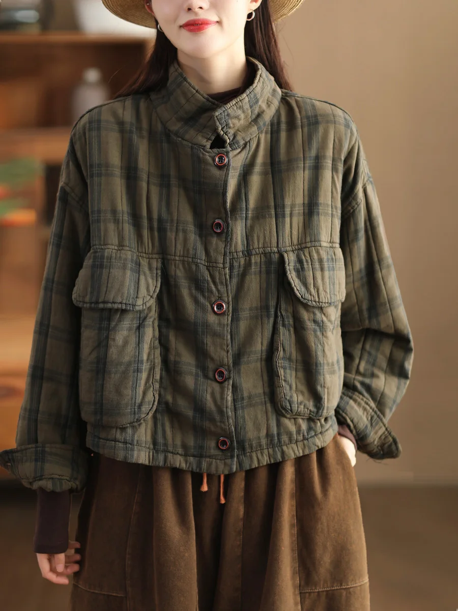

Retro Plaid Cotton Linen ort Jaet Women Winter Large ket Quilted Casual Cotton Coat Slimming Small Size Cotton Clothes