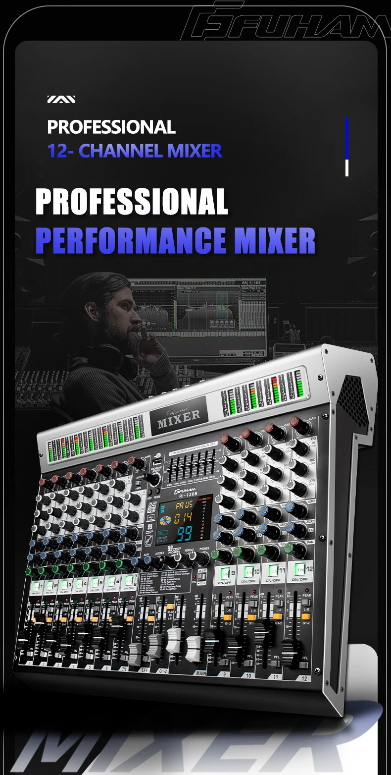 FUHAM RI808/1208 Professional 8/12 Channel 99DSP Mixer 48V Phantom Power USB Recording Studio Karaoke Bluetooth DJ Console Mixer