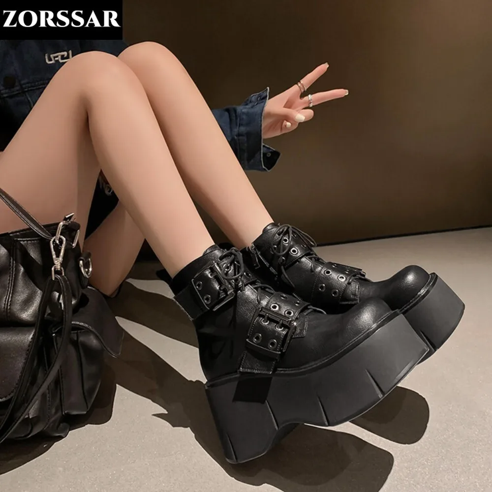 

Real Leather Women Goth Punk Booties Round Toe Super High Heels Fashion Buckle Winter Warm Thick Platform Wedges Ankle Boots