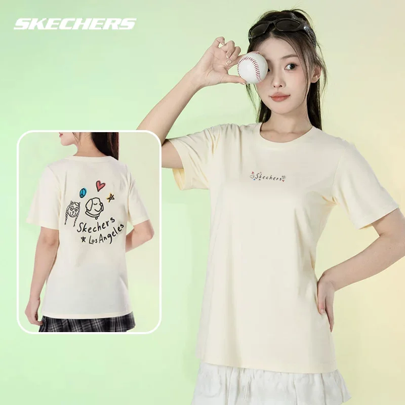 Camiseta casual Skechers para mulheres, roupa esportiva de verão de manga curta, top de corrida de manga curta P225W304-00NA