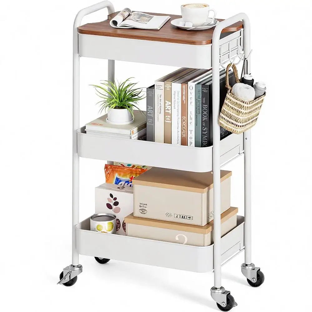 

3-Tier Metal Rolling Cart with Wooden Top, Lockable Wheels, Easy Assembly, Multi-Room Storage Organizer, White