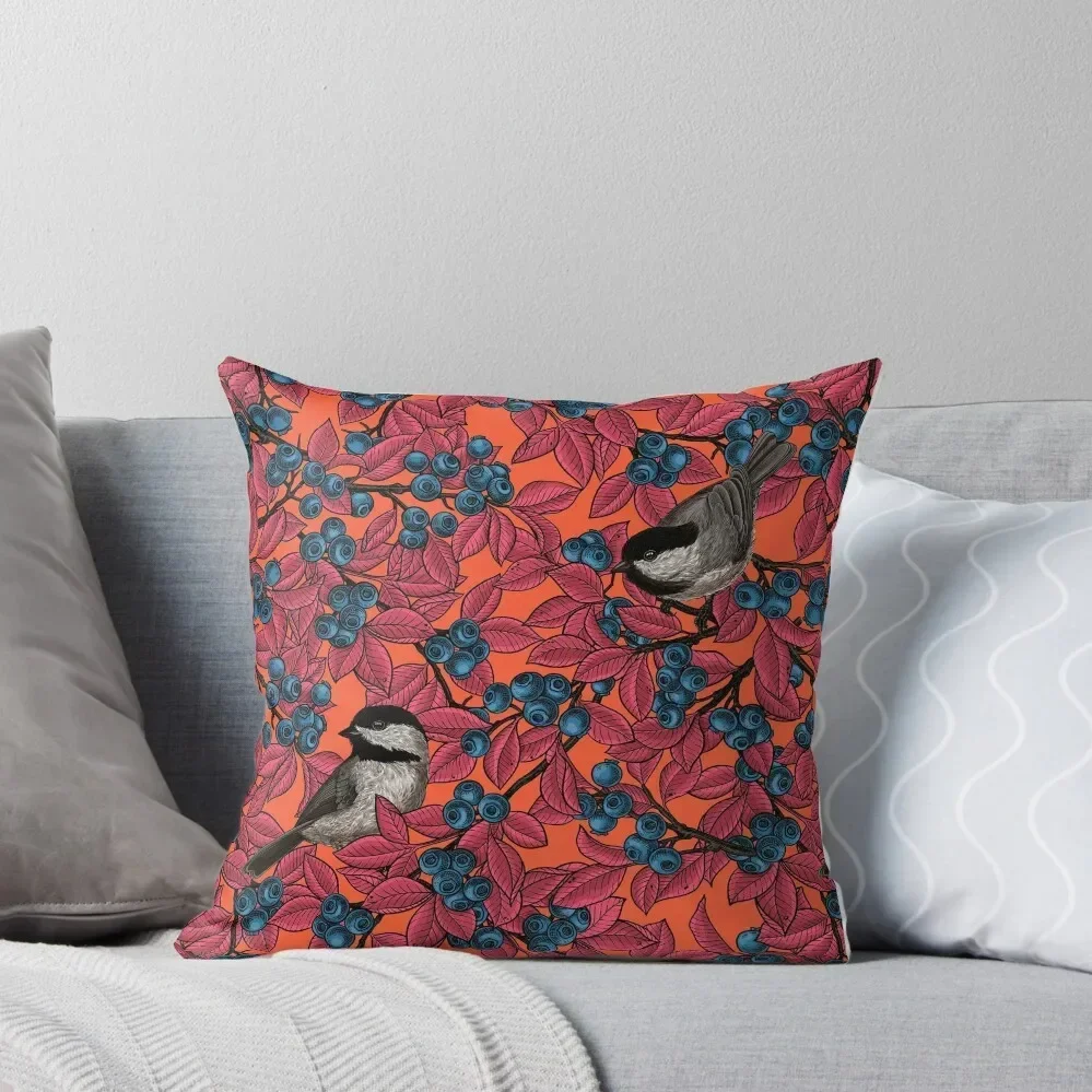 Chickadee birds on blueberry branches, red leaves colorway Throw Pillow luxury throw pillow covers Ornamental Pillow