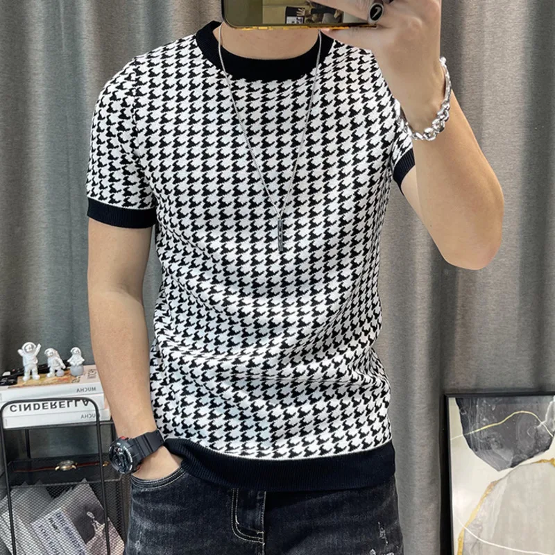 2022 Spring Short Sleeve Sweater T-shirt Men Plaid Knitted Thickened Sweater Tshirt Streetwear High Quality Men Tee Shirt Homme