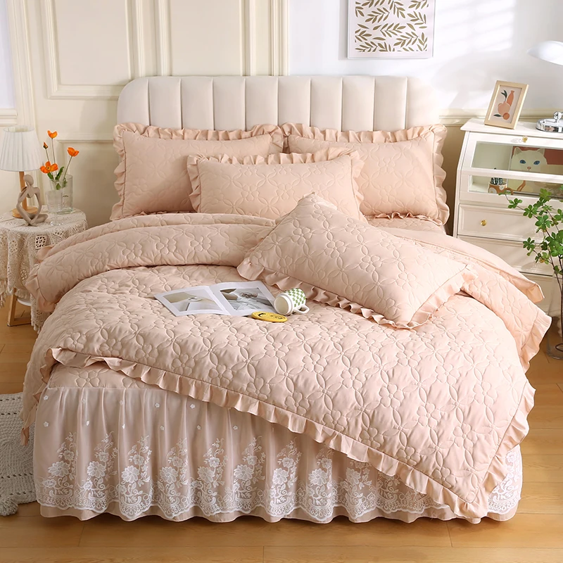 Winter Flat Bed Sheets Milk Velvet Bedding Set Blue Ruffles Quilts Comforter Cover Simple Style Printed