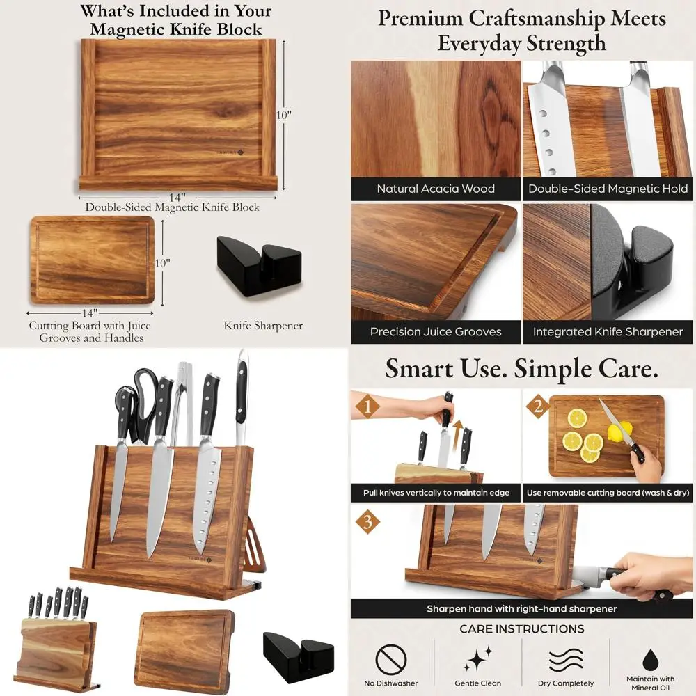 แท่นวางมีดแม่เหล็กไม้สองด้าน พร้อมเขียงไม้กระถินเทศขนาด 14x10 นิ้ว และที่ลับมีด
