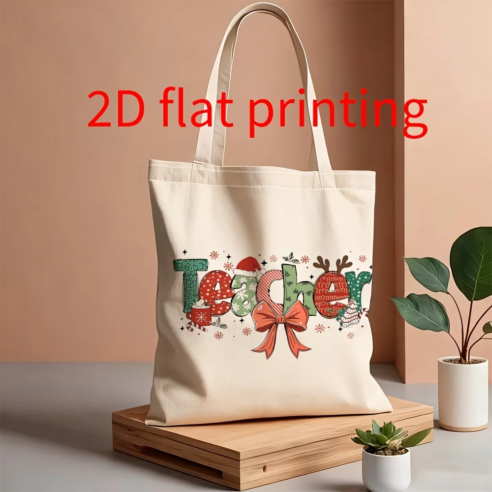 1pc Vintage Teacher Tote Bag Suitable for, Commuting & Book Storage - Retro Bow & 'Teacher' Print Handbag, Machine Washable, Sho