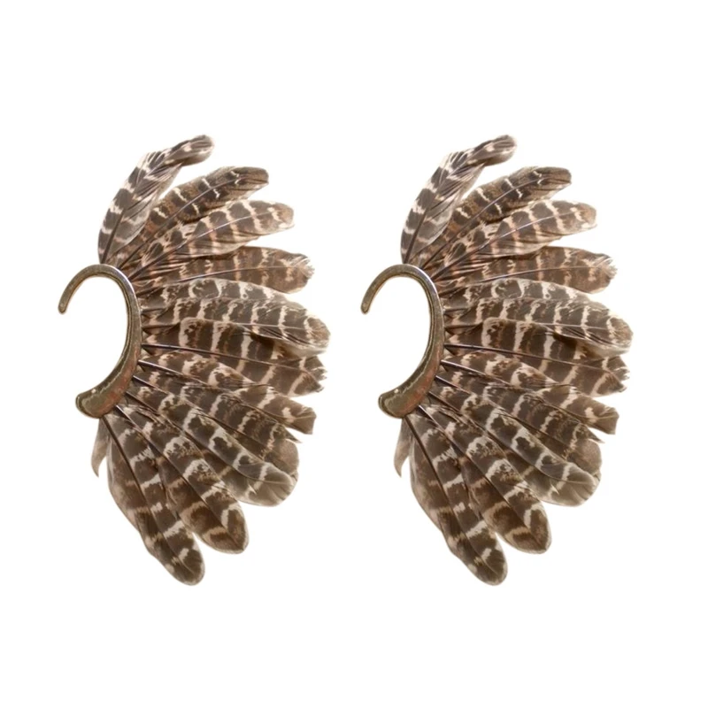 2Pcs Unisex Big Feather Ear Cuff Non Piercing Gold Clip On Earrings