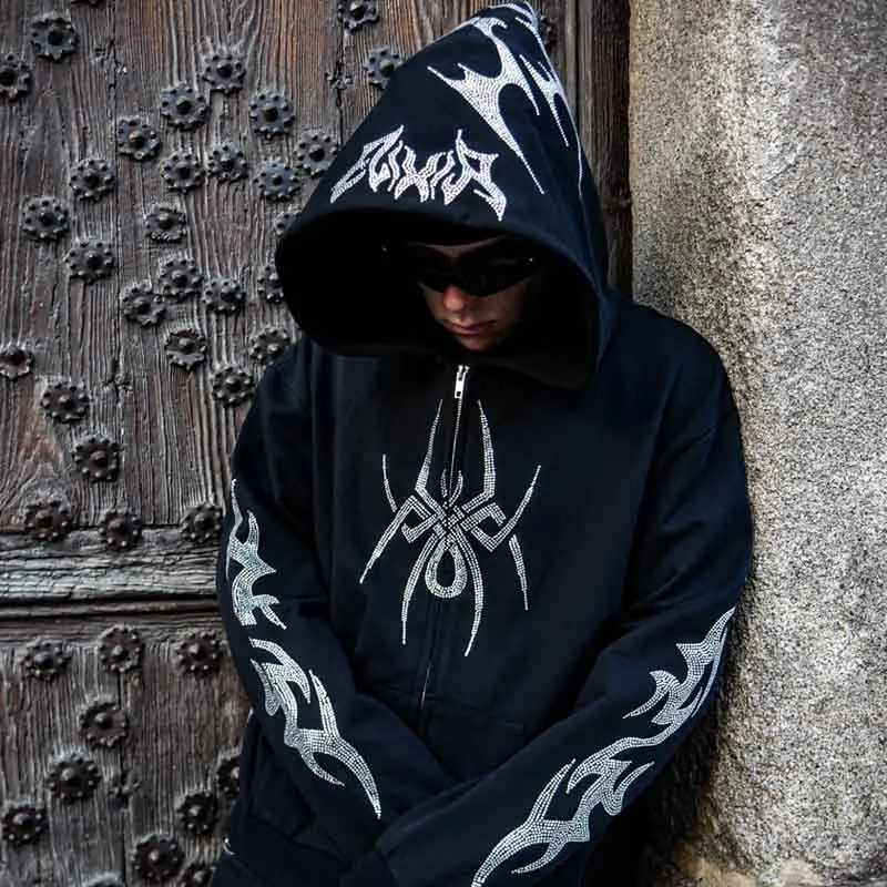 

Мужской спортивный костюм в стиле хип-хоп 2026: модный уличный панк-комплект с графическим принтом паука, худи на молнии, готический повседневный оверсайз свитшот