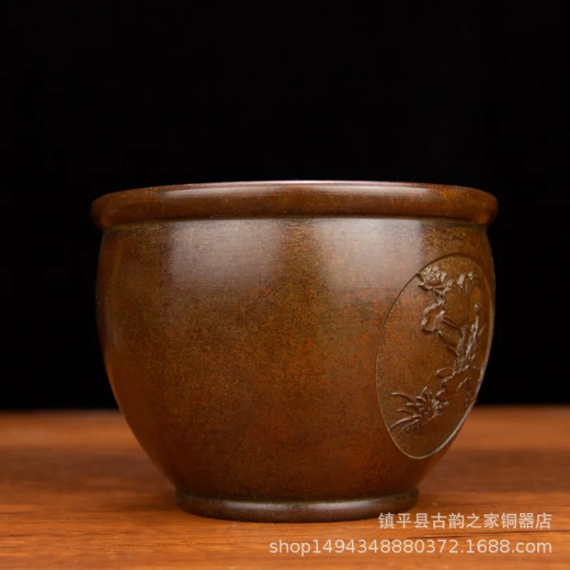 Pure Fine Lotus Pattern Copper Cylinder Ornament Office Living Room Home Store Desktop Decoration Display