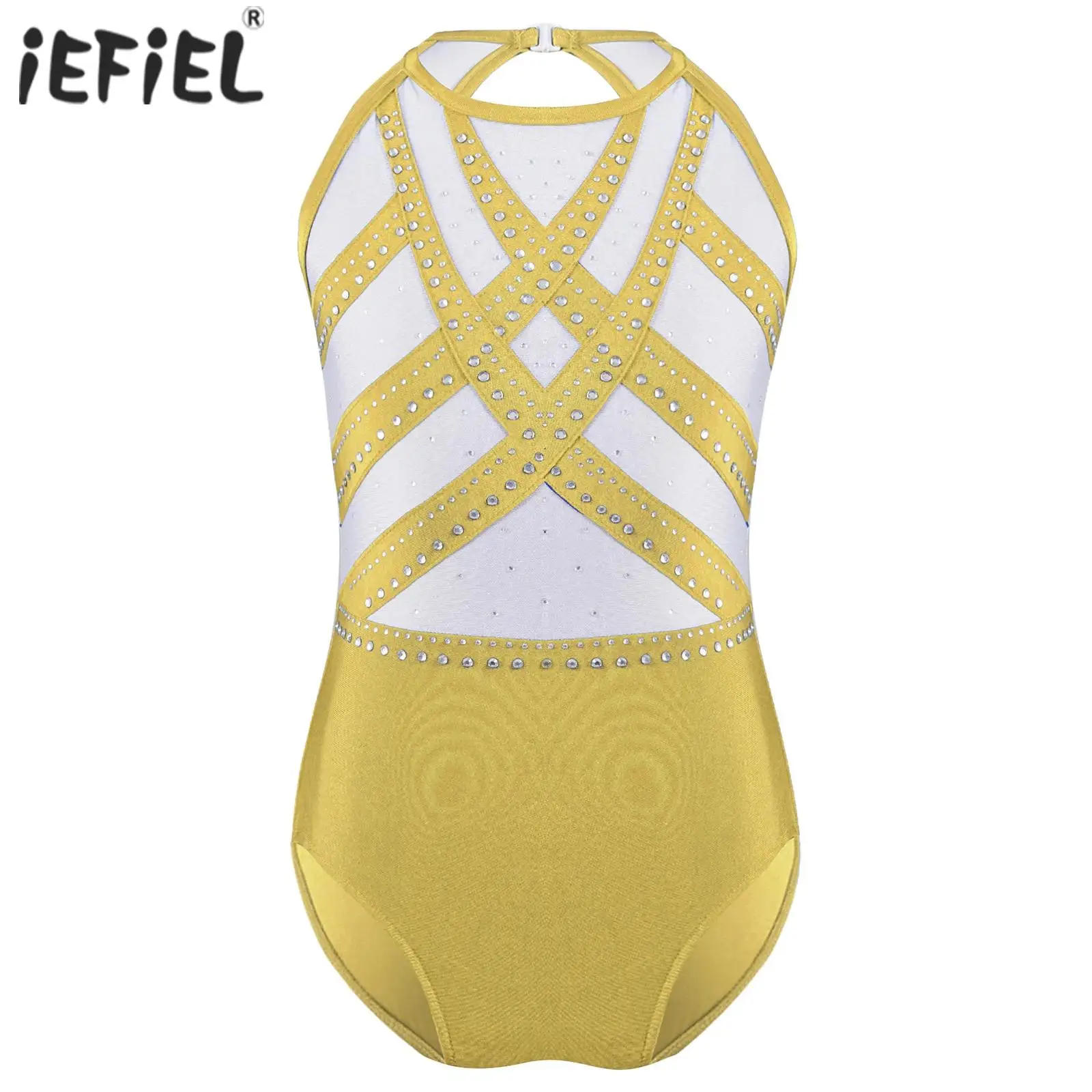 Kids Girls Glittery Rhinestones Rhythmic Gymnastics Artistic Skating Costume Ballet Jersey Unitards Leotard Bodysuit Dance Wear