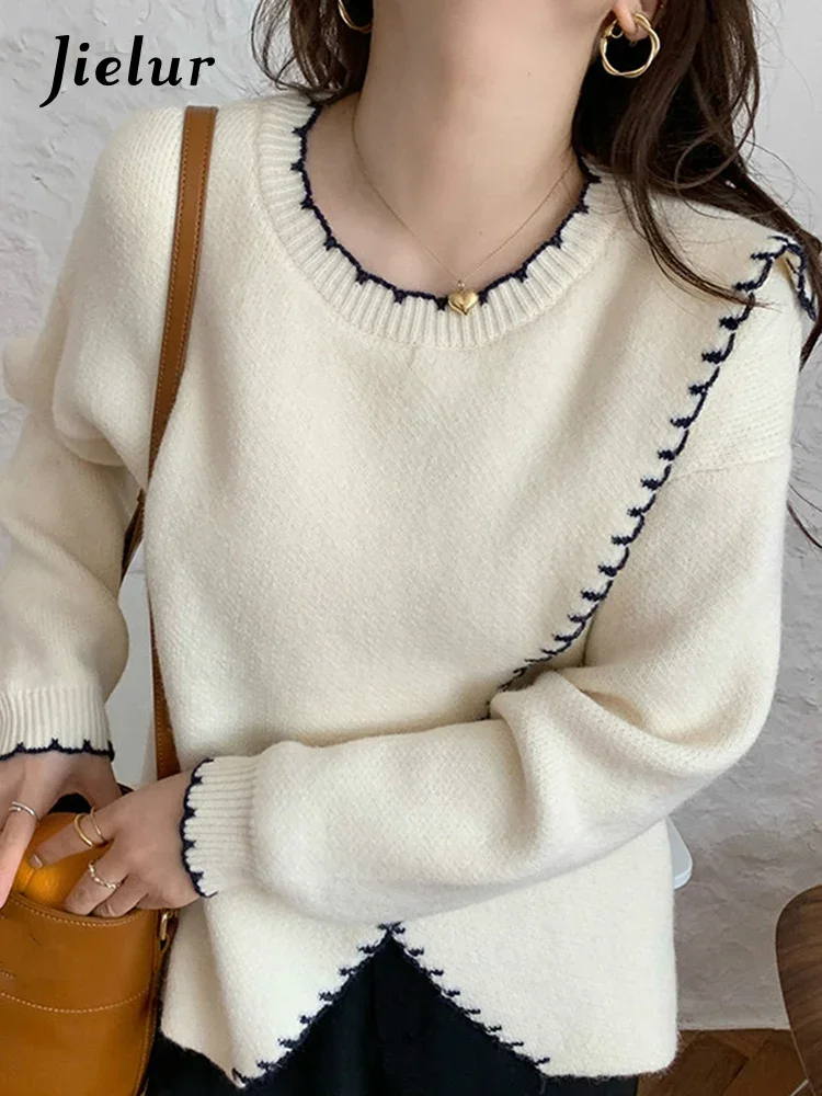 Jielur Elegant Chic Sweater Women O-Neck Contrast Loose Split Long Sleeve Pullover Office Lady Fashion Knitwear Tender Casual